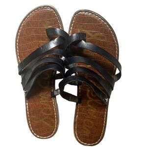 Sam Edelman Black Strappy Leather Flat Sandals Women's 7 Slip-On‎ Croc Embossed